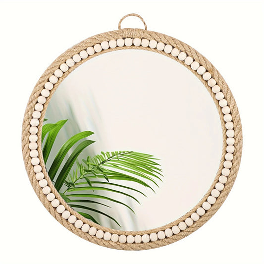 Boho-Chic Round Wooden Frame Mirror with Hemp Rope & Bead Accents