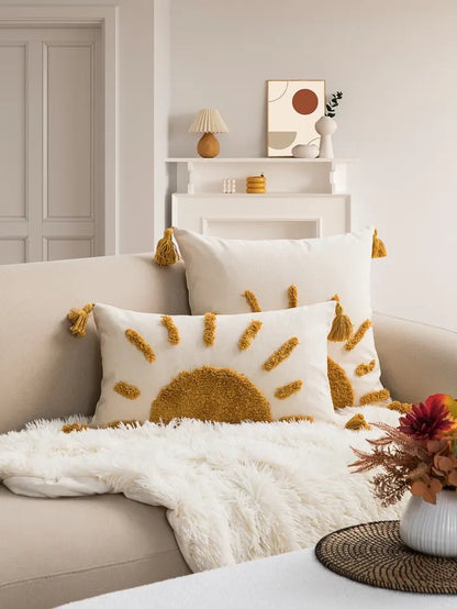 A yellow sun pattern pillowcase cover made of Bohemian cotton sail fabric