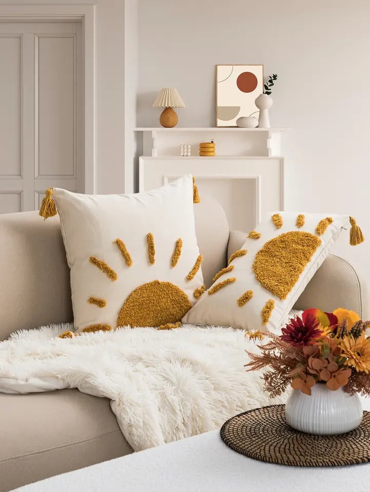 A yellow sun pattern pillowcase cover made of Bohemian cotton sail fabric