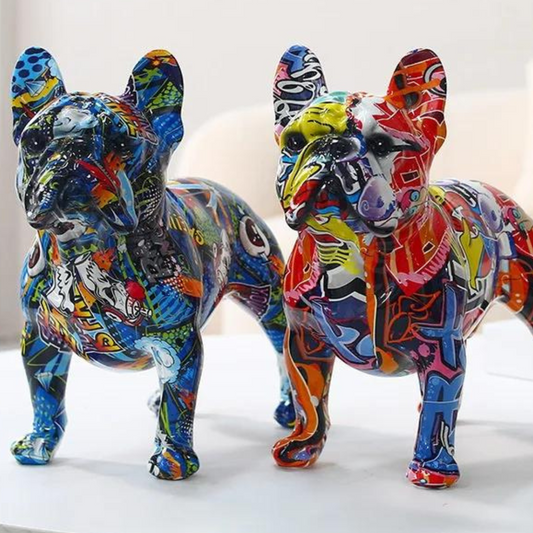 "Bring playful Boho Style and modern minimal design to your decor with this Nordic Painting Graffiti Bulldog Statue. Perfect for a bedroom boho style or boho living room, this printed resin dog sculpture adds a unique touch to your wine cabinet or office decor. A standout piece for bohemian decor lovers seeking distinctive white decor accents