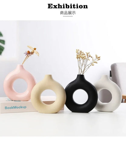 White Ceramic Vase Circular Hollow Donuts Flower Pot