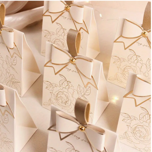 Event Decor Gift Packs - Elegant Floral Embossed Paper Favor Boxes with Golden Bow, Durable Wedding Party Gift Bags with Handles