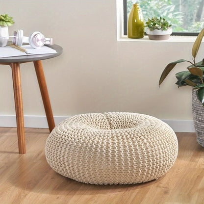 Knitted Cotton Donut Cushion Stool, Handmade Beige Donut - Shaped Knitted Futon,