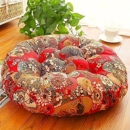Bohemian Style Round Cushion - Thick Polyester, Colorful Floral & Geometric Pattern,